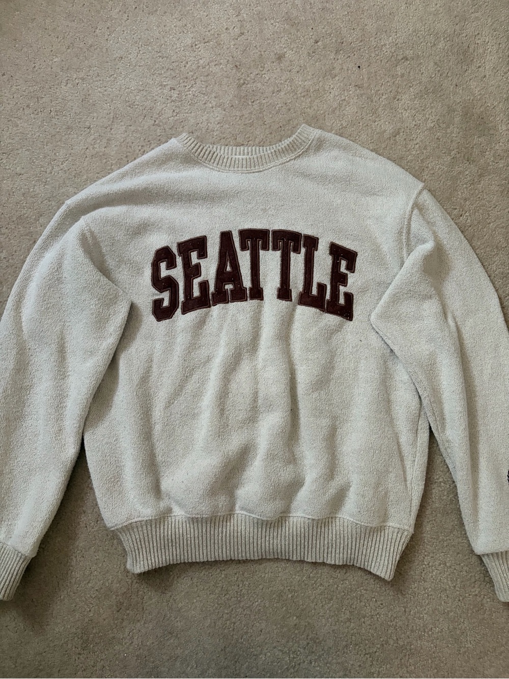 Crewneck Sweater with 'SEATTLE' Script - Cream